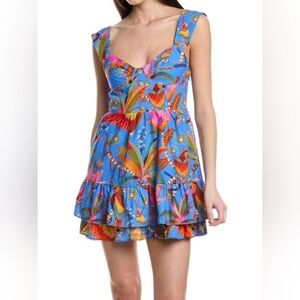 FARM Rio Macaw Party Tiered Linen Blend Fit & Flare Minidress Size Small